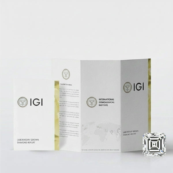 GEMHUB 3 Ct Asscher lab-created diamond with F/VS clarity, presented with IGI certification.