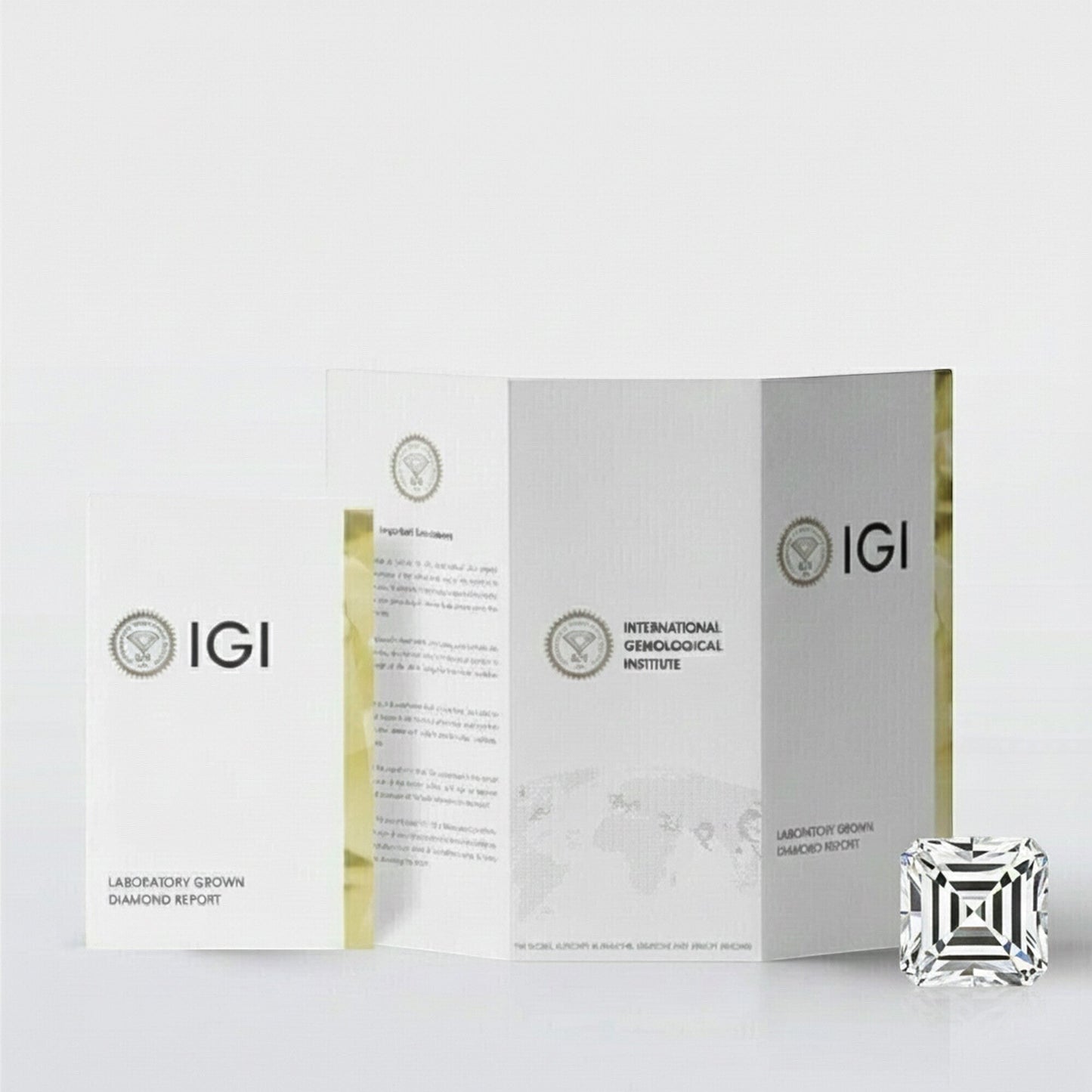 GEMHUB 3 Ct Asscher lab-created diamond with F/VS clarity in 950 platinum, with IGI certification.