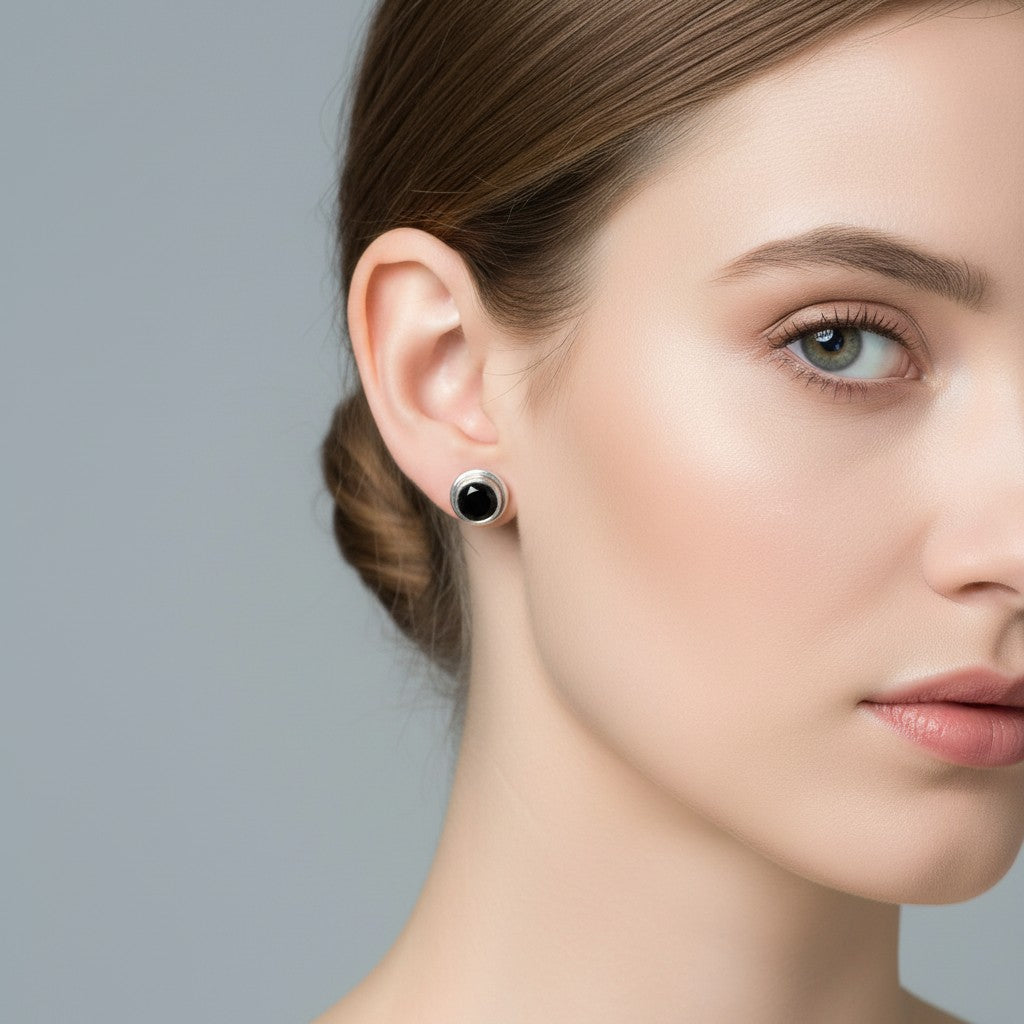 GEMHUB 5 pairs of black agate stud earrings with 925 sterling silver settings.