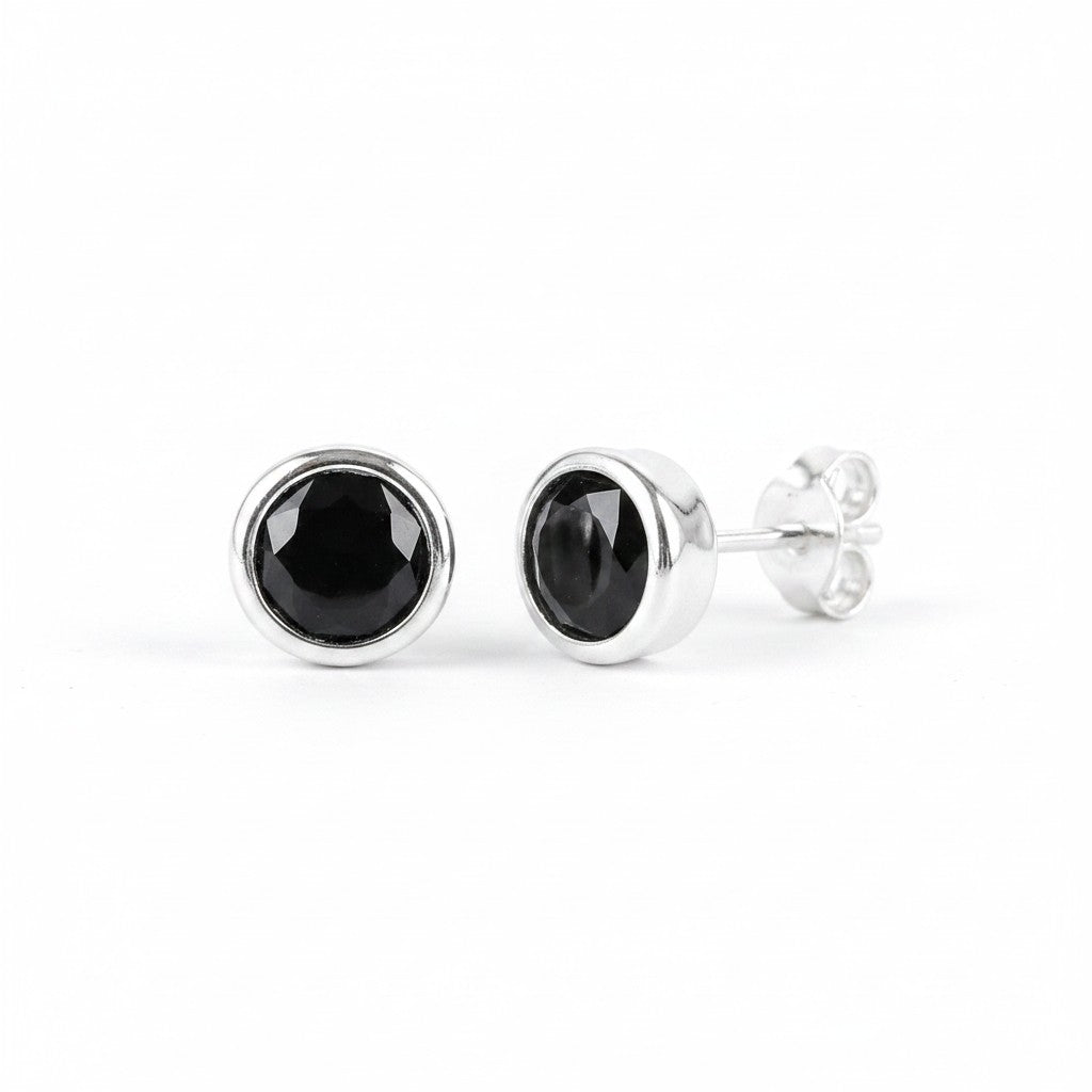 GEMHUB 10 Ct black agate round cut stud earrings in 925 sterling silver.
