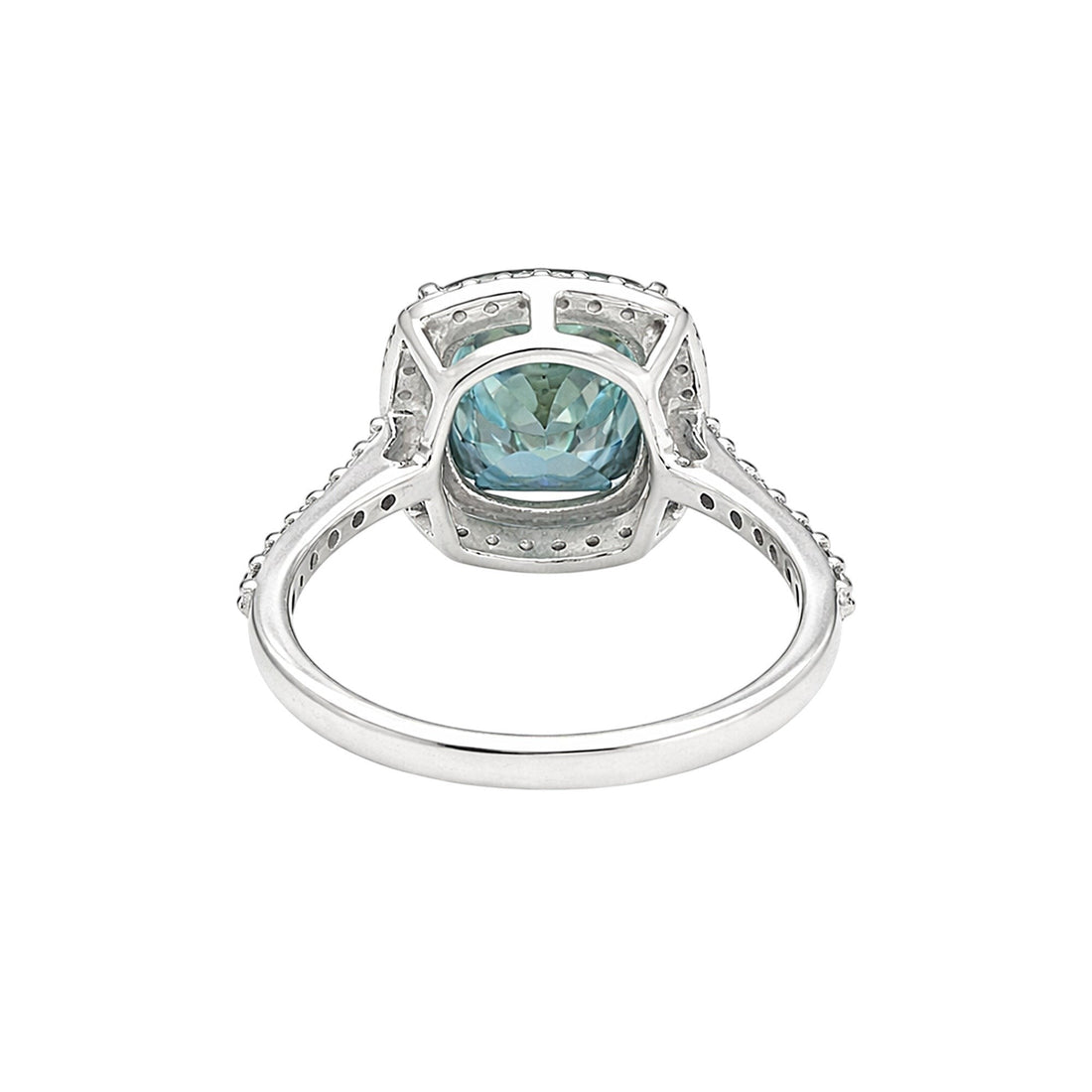 GEMHUB 5.00 Ct cushion cut blue lab grown diamond ring with VS1 clarity, set in 18k gold vermeil with pavé band.