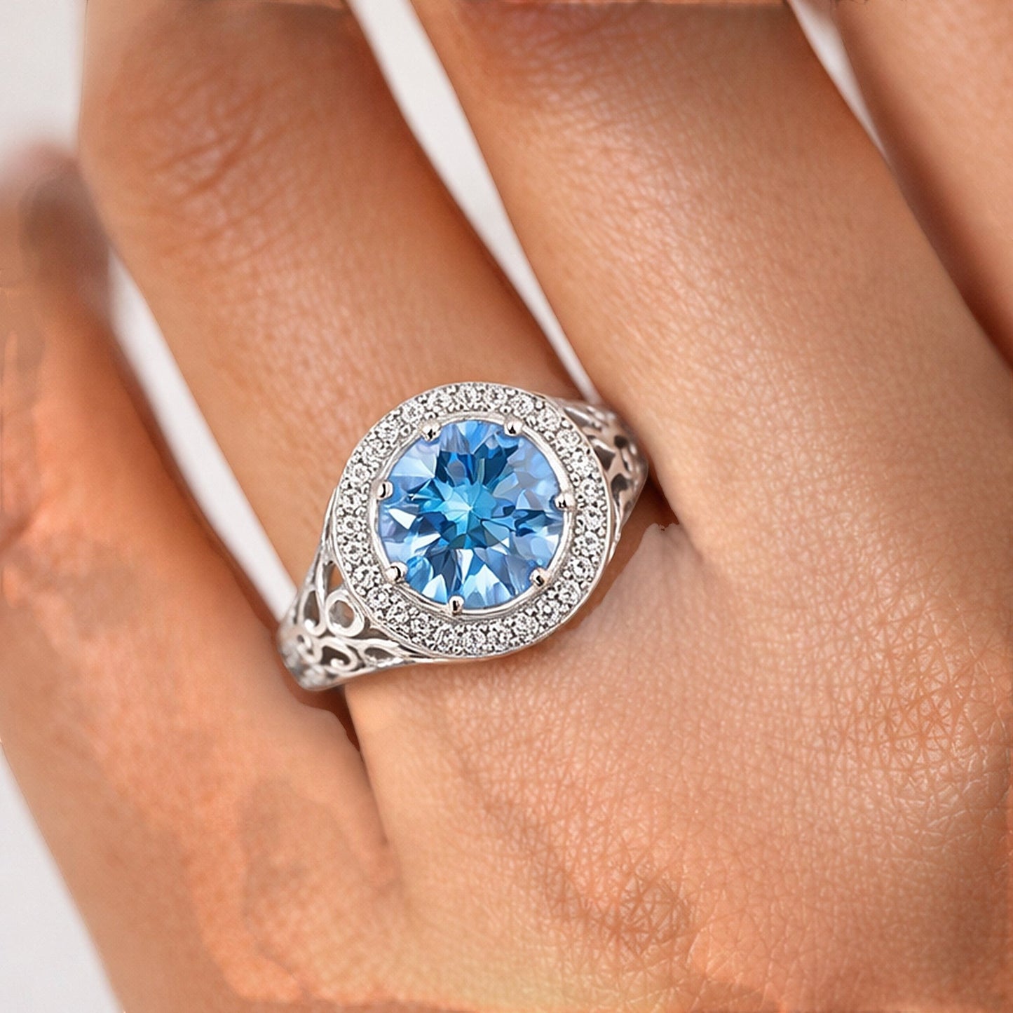 GEMHUB 3.50 Ct round cut blue lab grown diamond ring with halo and intricate filigree band, 18k gold vermeil.