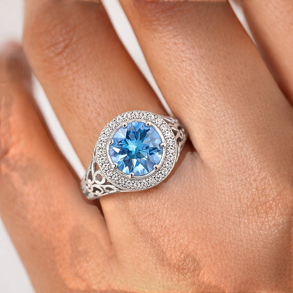 GEMHUB 3.50 Ct round cut blue lab grown diamond ring with halo and intricate filigree band, 18k gold vermeil.