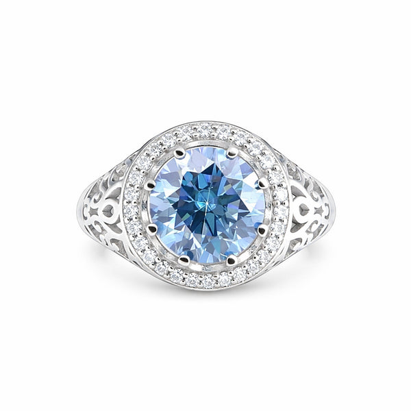 GEMHUB 3.50 Ct round cut blue lab-grown diamond ring with VS1 clarity, set in 18k gold vermeil with a halo of small white diamonds.