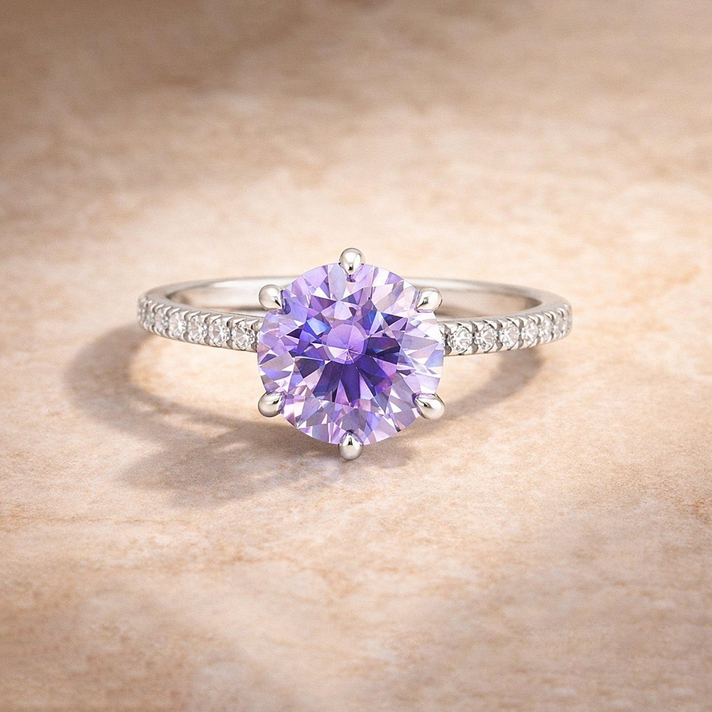 GEMHUB 2.00 Ct round cut blue lab grown diamond ring with VS1 clarity set in 18k gold vermeil with pavé band.