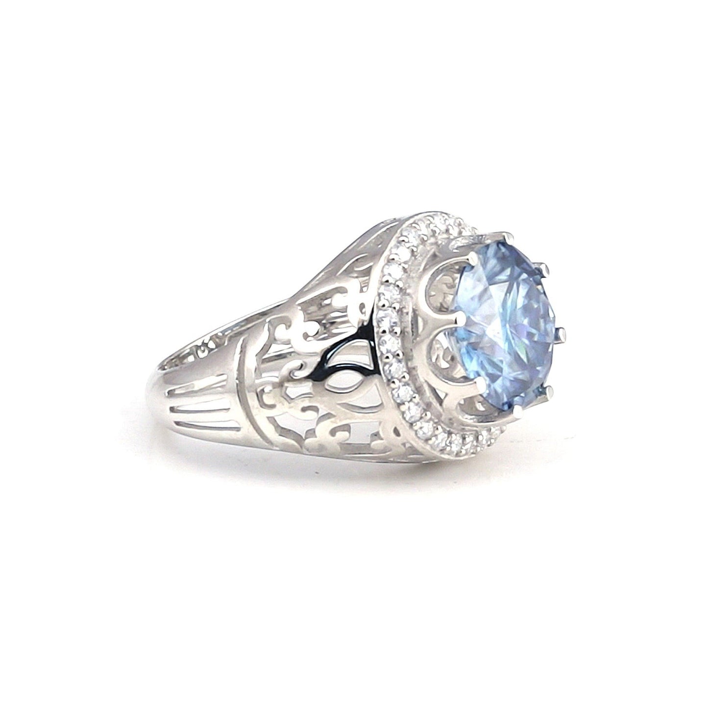 GEMHUB 3.50 Ct round cut blue lab-grown diamond ring with VS1 clarity, set in 18k gold vermeil with intricate filigree band.