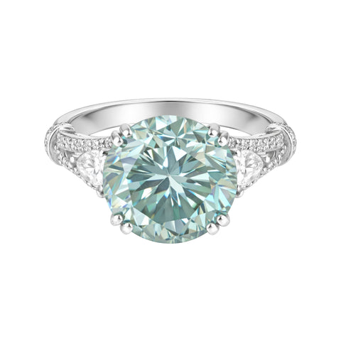 GEMHUB 5 Ct round cut blue lab grown diamond ring with side pear-cut stones, 18k gold vermeil band with pavé details.