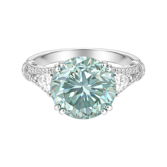 GEMHUB 5 Ct round cut blue lab grown diamond ring with side pear-cut stones, 18k gold vermeil band with pavé details.