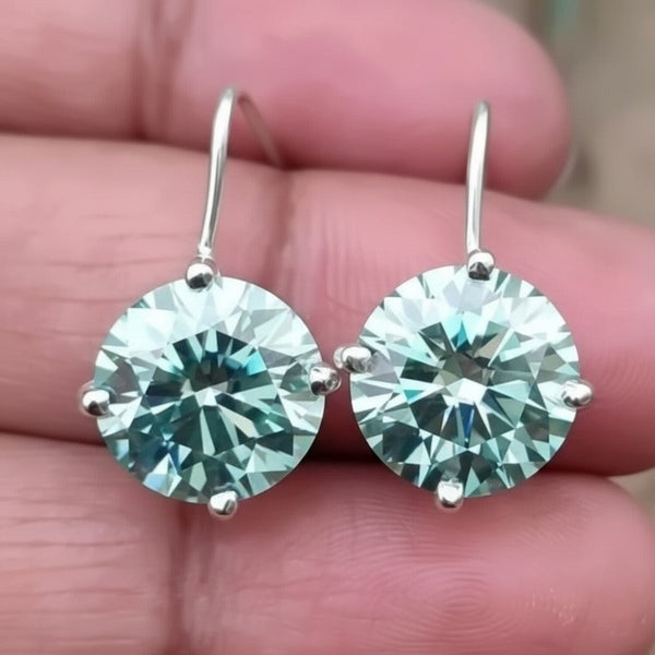 GEMHUB 6.20 Ct round blue moissanite dangler earrings in 18K gold vermeil over 925 sterling silver.