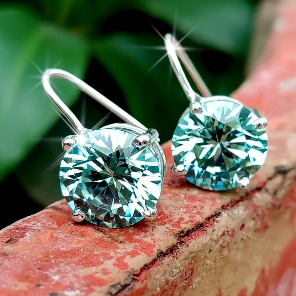 GEMHUB 6.20 Ct round blue moissanite dangler earrings in 18K gold vermeil over 925 sterling silver.