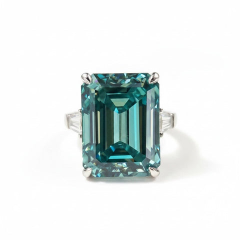 GEMHUB 5.85 Ct emerald cut blue moissanite ring with 18K gold plated vermeil over 925 sterling silver.