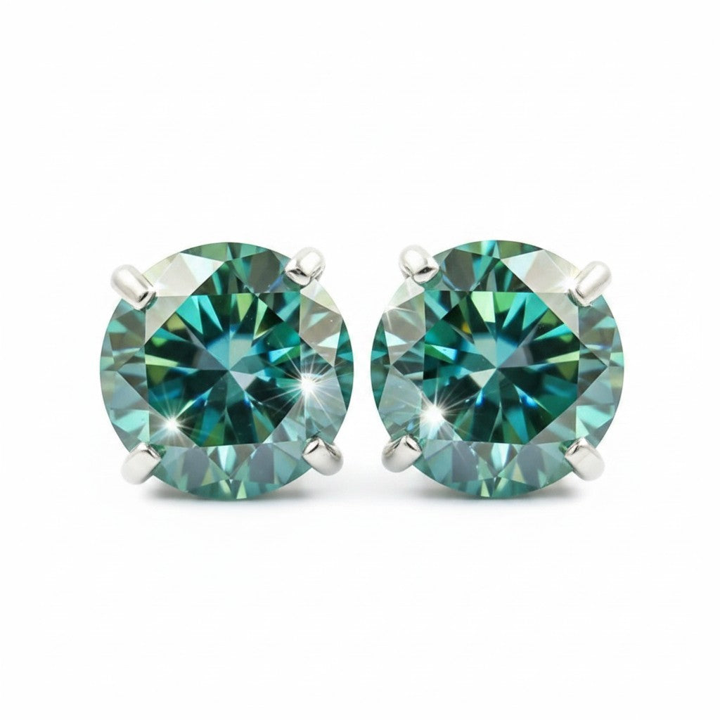 GEMHUB 7 Ct round cut blue moissanite stud earrings in 18K gold vermeil over 925 sterling silver.