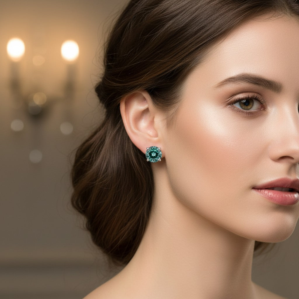 GEMHUB 7 Ct blue moissanite stud earrings in 18K gold vermeil over 925 sterling silver, round cut.