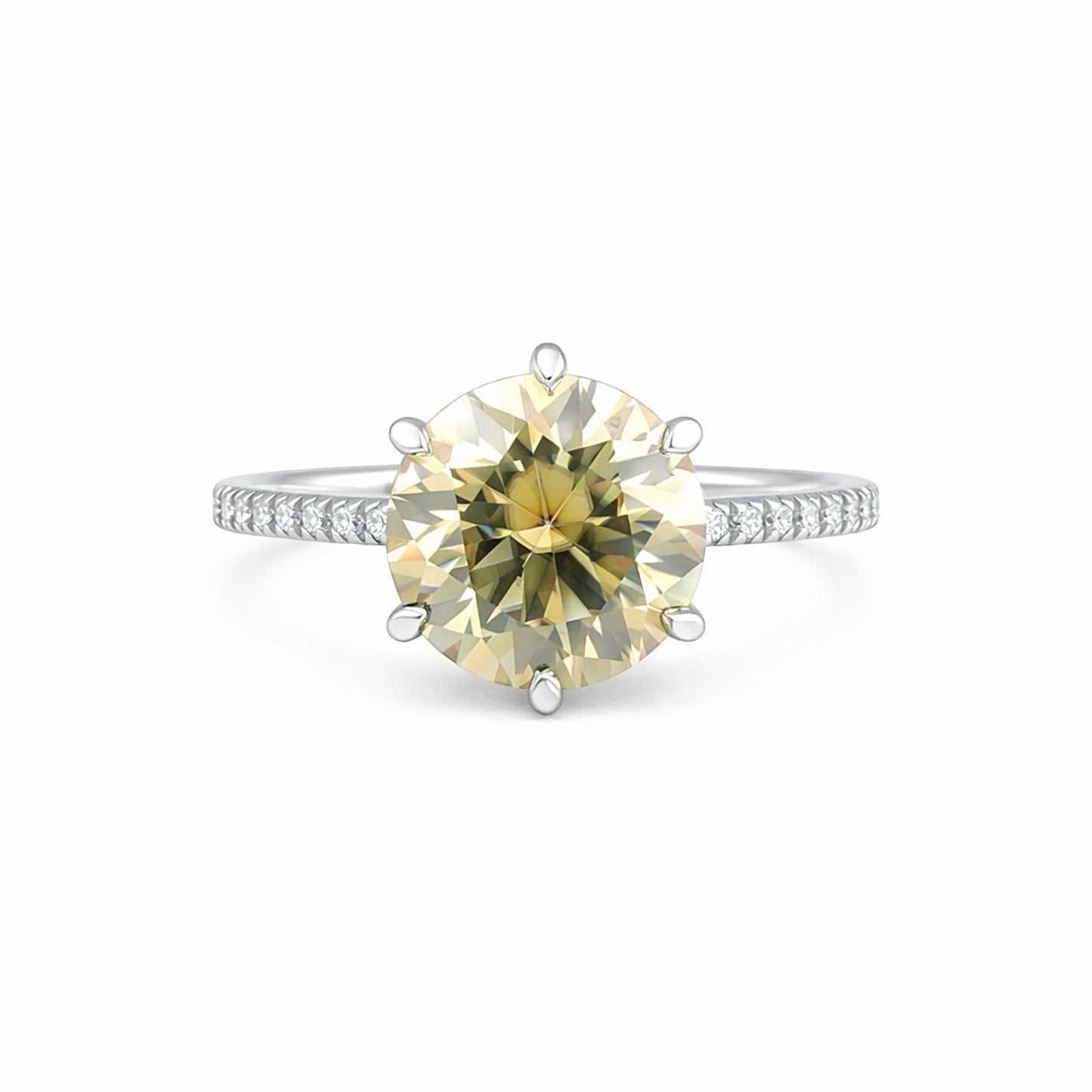 GEMHUB 3.45 Ct round cut champagne lab grown diamond ring with VS1 clarity set in 18k gold vermeil with pavé band.