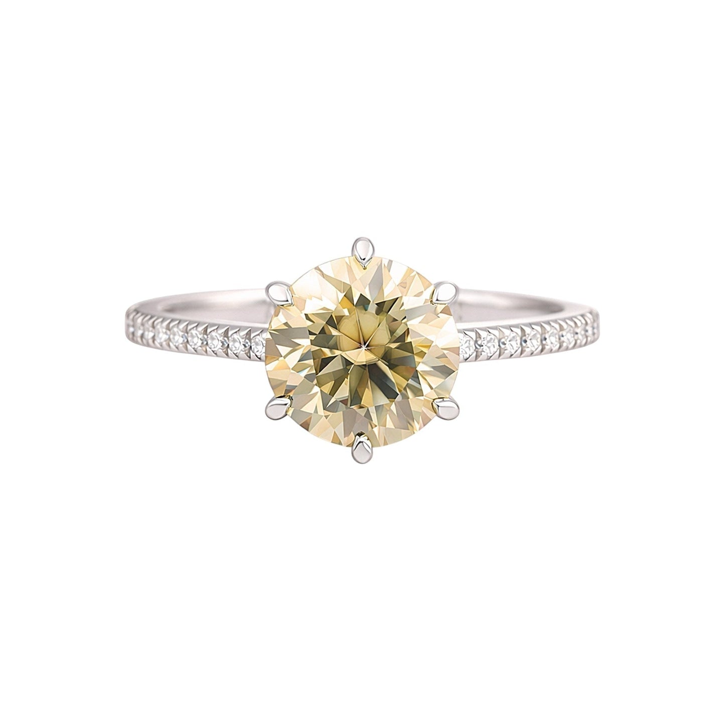GEMHUB 3.45 Ct round cut champagne lab grown diamond ring with VS1 clarity set in 18k gold vermeil with pavé band.