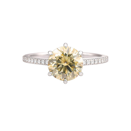 GEMHUB 3.45 Ct round cut champagne lab grown diamond ring with VS1 clarity set in 18k gold vermeil with pavé band.