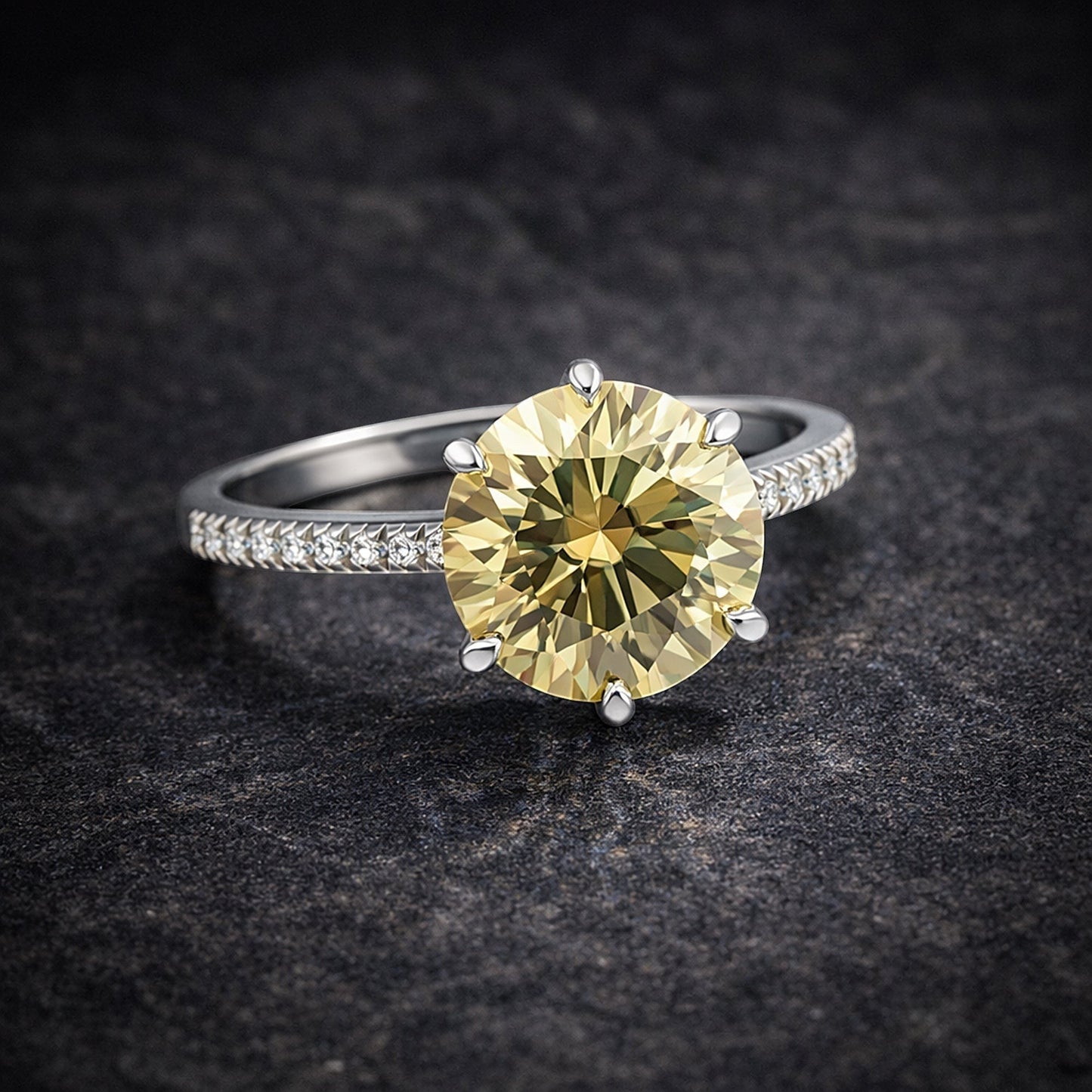 GEMHUB 3.45 Ct round cut champagne lab grown diamond ring with VS1 clarity, set in 18k gold vermeil with pavé diamond band.