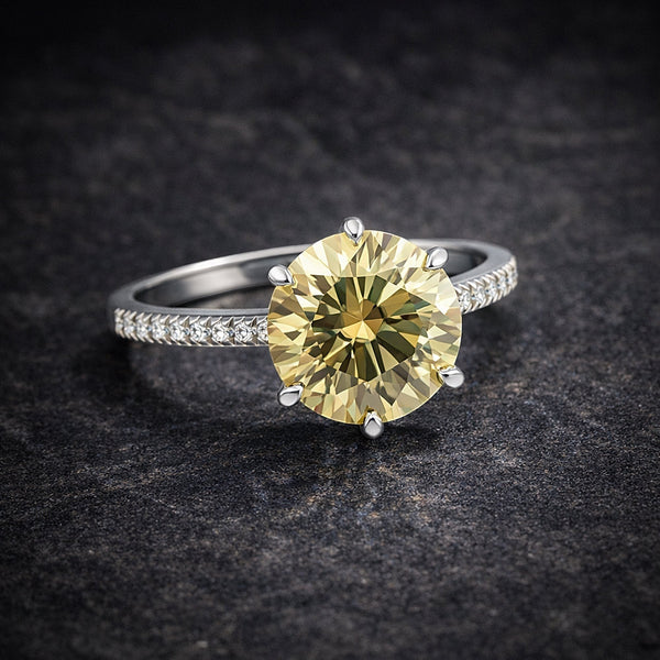 GEMHUB 3.45 Ct round cut champagne lab grown diamond ring with VS1 clarity, set in 18k gold vermeil with pavé diamond band.
