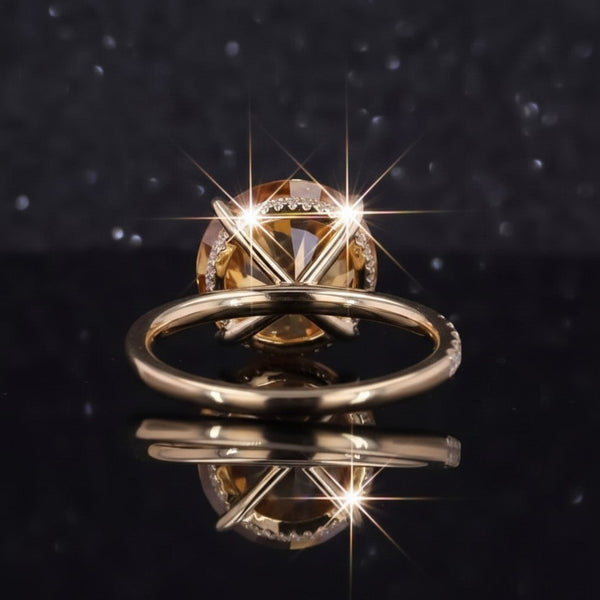 GEMHUB 10.50 Ct round cut champagne moissanite ring in gold vermeil with pavé band.