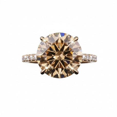 GEMHUB 10.50 Ct round cut champagne moissanite ring with pavé band in gold vermeil.