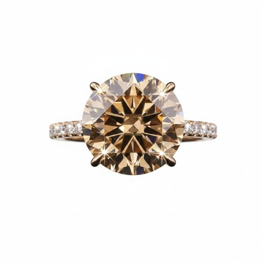 GEMHUB 10.50 Ct round cut champagne moissanite ring with pavé band in gold vermeil.