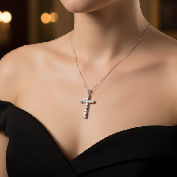 GEMHUB 3 Ct round cut lab-grown diamond cross pendant in 18k white gold vermeil with VS1 clarity.