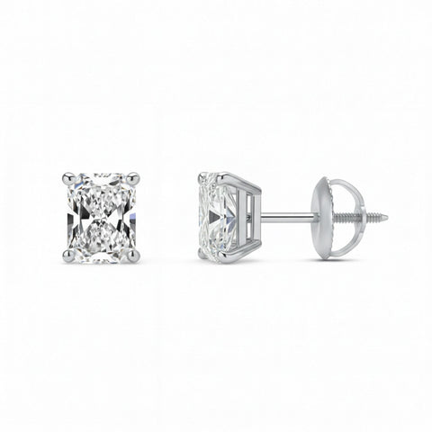 GEMHUB 14K white gold earrings featuring 3 Ct radiant cut lab-grown diamonds with screw backs. IGI certified.