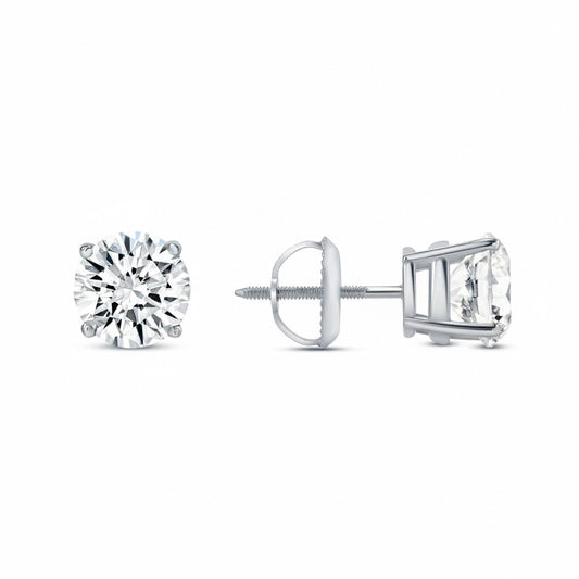 GEMHUB 1 Ct Round Lab Created Diamond Earrings in 14K White Gold with screw backs. IGI certified.