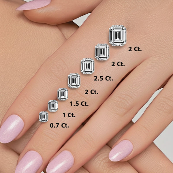 GEMHUB Emerald cut lab-created diamonds in various carat sizes displayed on a hand.