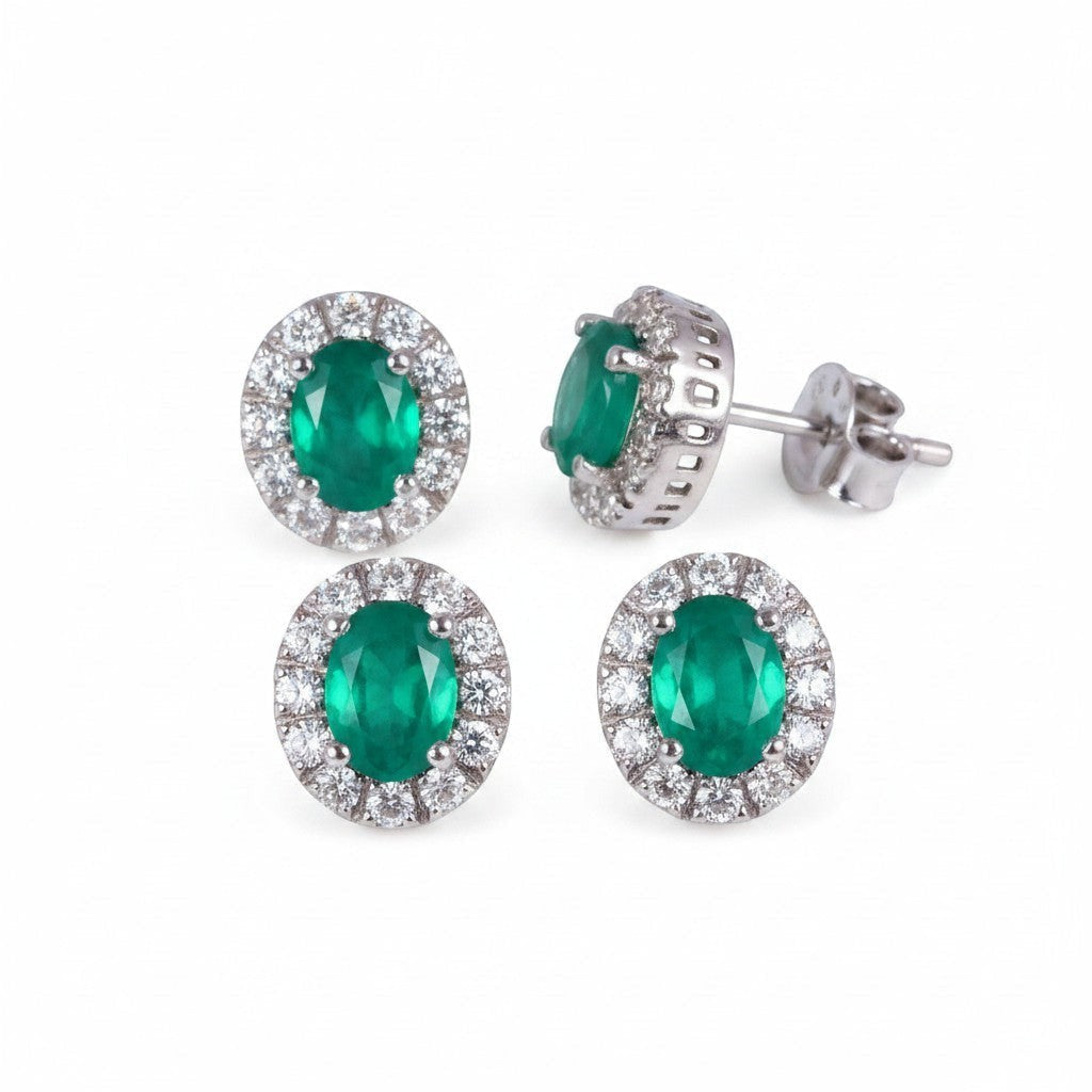 GEMHUB 5 pairs of oval green emerald halo stud earrings with white accents, crafted in 925 sterling silver.