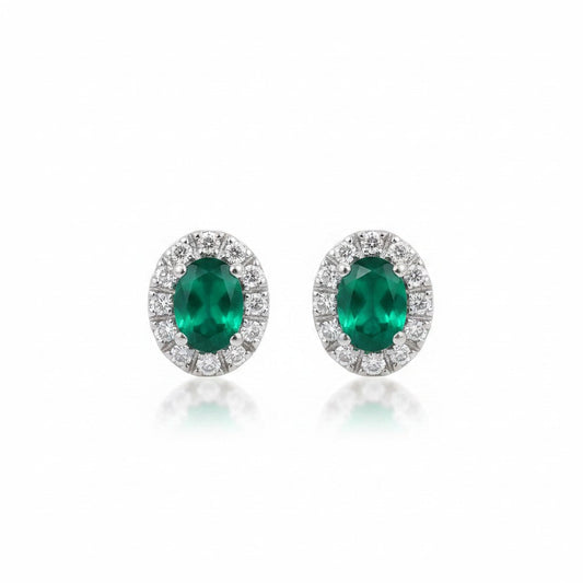 GEMHUB 10 Ct oval emerald halo stud earrings in 925 sterling silver with white diamond accents.