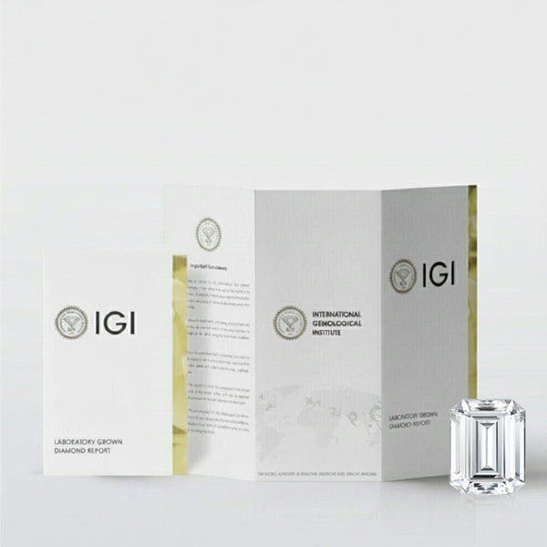 GEMHUB Emerald cut lab-grown diamond with IGI certification report. 2 Ct, F/VS, 950 Platinum.