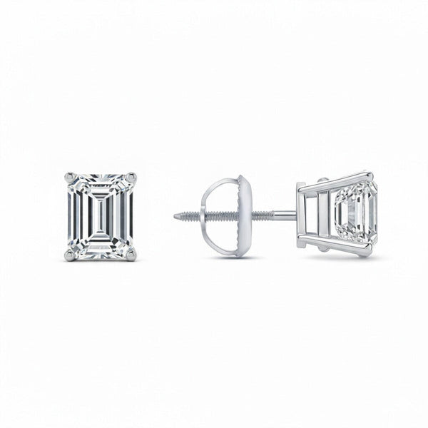 GEMHUB Emerald cut 1 ct lab-grown diamond stud earrings in 950 platinum with screw backs.