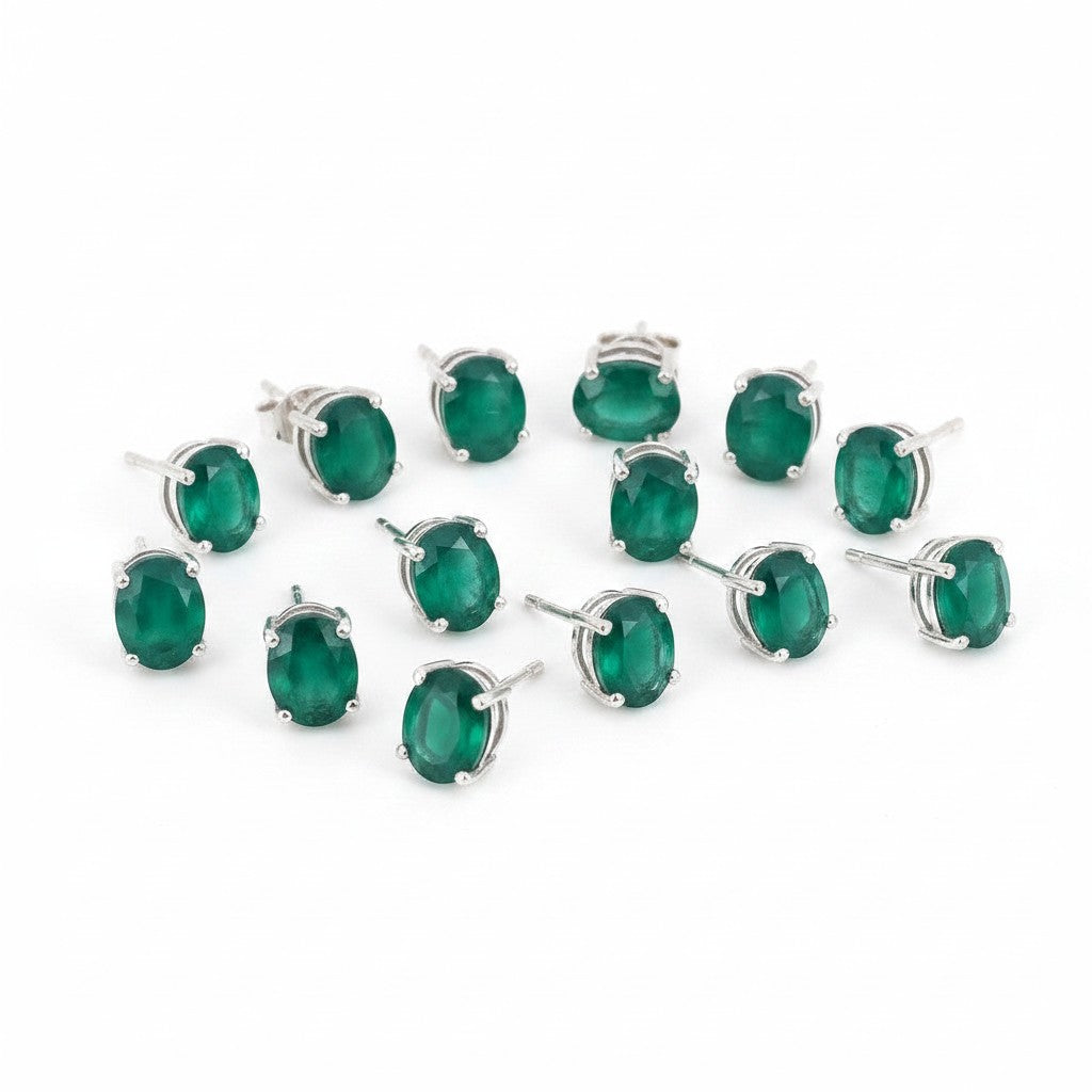 GEMHUB 5 pairs of oval-cut green emerald stud earrings in 925 sterling silver.