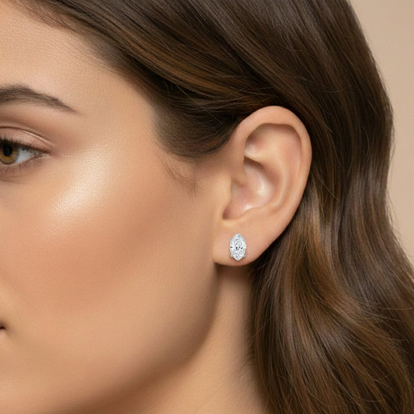 GEMHUB 1 Ct marquise lab-created diamond stud earrings in 14K white gold with screw backs.