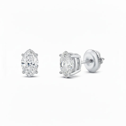 GEMHUB 1 Ct Marquise Lab Created Diamond Earrings in 14K White Gold with Screw Backs. IGI Certified.
