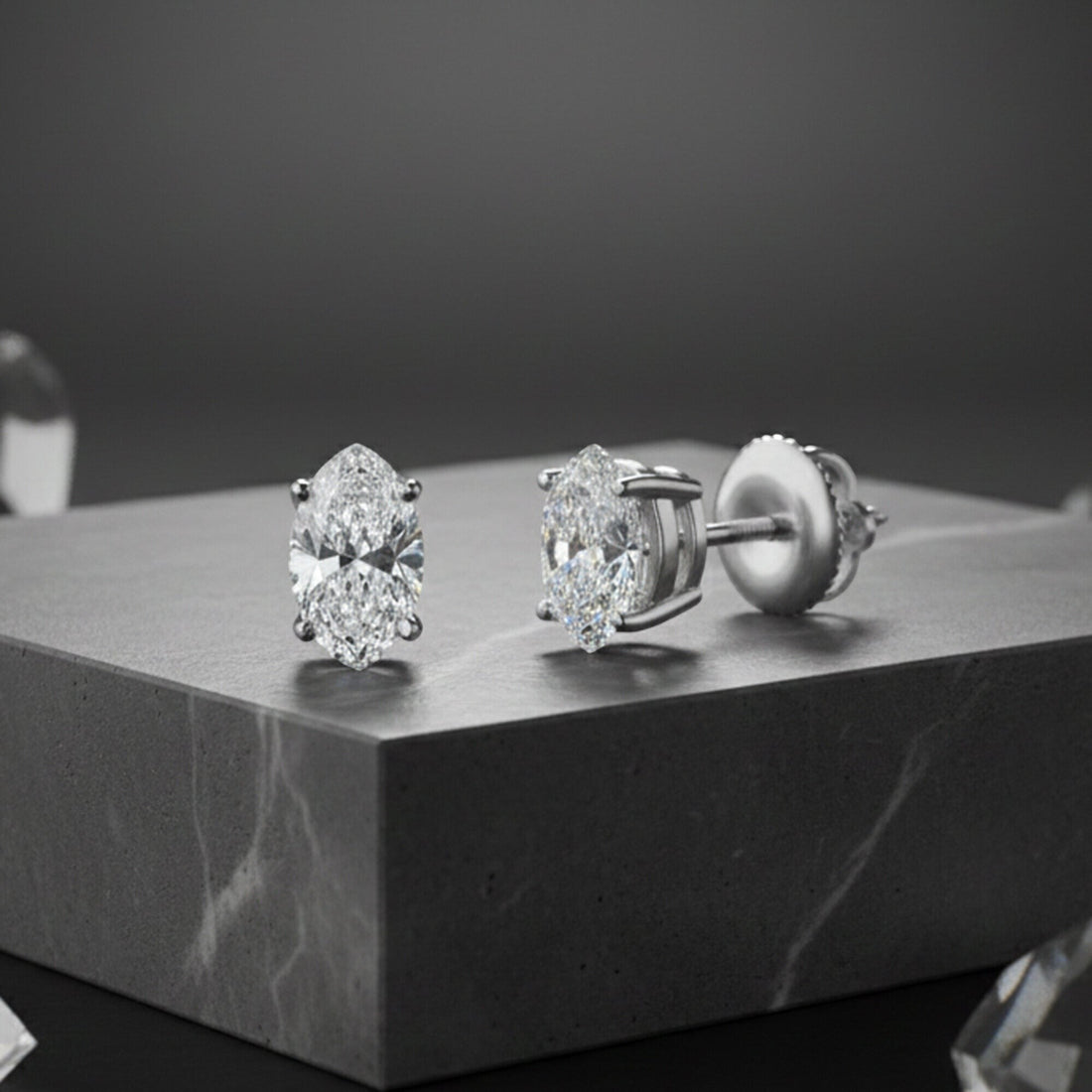 GEMHUB 2 Ct Marquise Lab Created Diamond Earrings in 950 Platinum with screw backs. IGI certified.