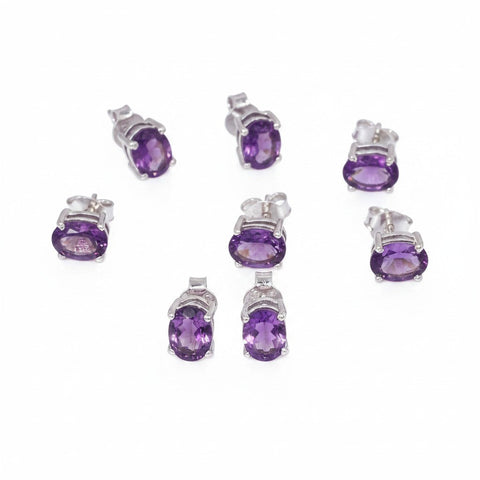 GEMHUB 5 pairs of oval-cut natural purple amethyst earrings set in 925 sterling silver.