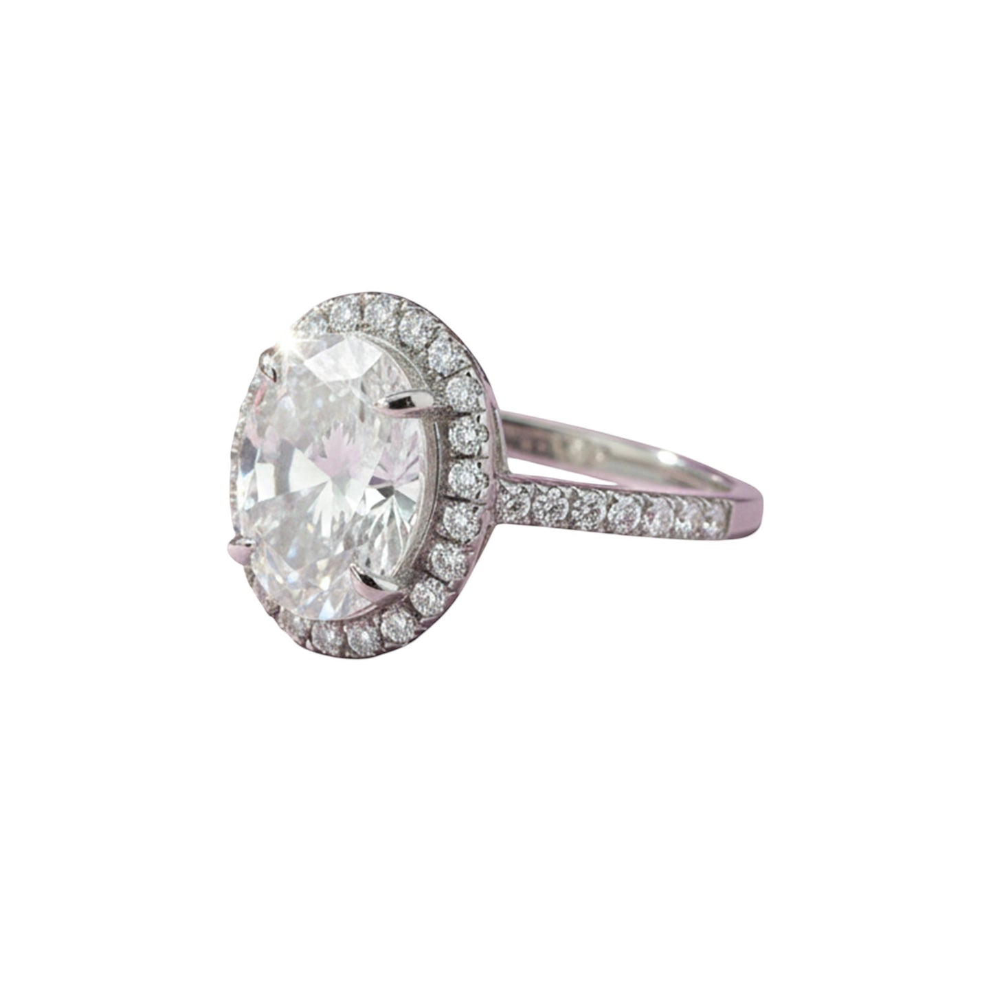 GEMHUB 3.00 Ct oval cut lab grown diamond ring with VS1 clarity, set in 18k gold vermeil with a halo of smaller diamonds.