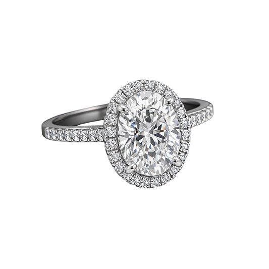 GEMHUB 3.00 Ct oval cut lab grown diamond ring with VS1 clarity, set in 18k gold vermeil with a halo of smaller diamonds.