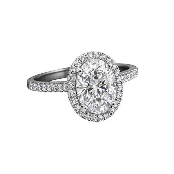 GEMHUB 3.00 Ct oval cut lab grown diamond ring with VS1 clarity, set in 18k gold vermeil with a halo of smaller diamonds.