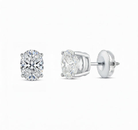 GEMHUB 1 Ct oval lab-created diamond stud earrings in 14K white gold with screw backs. IGI certified.