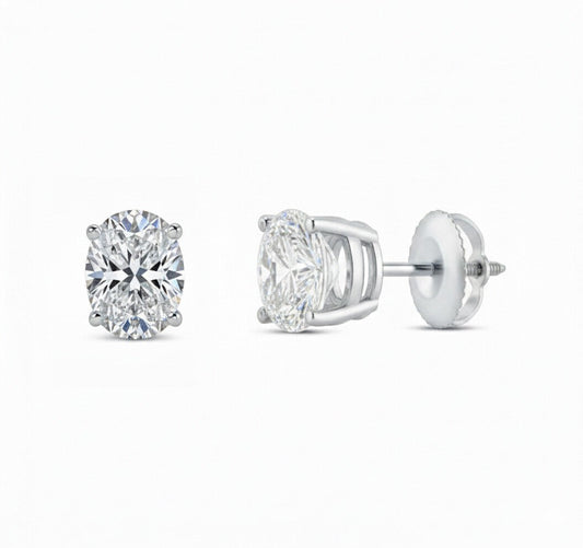 GEMHUB 1 Ct oval lab-created diamond stud earrings in 14K white gold with screw backs. IGI certified.