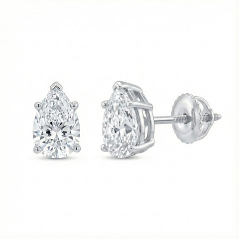 GEMHUB 3 Ct Pear Lab Created Diamond Earrings in 14K White Gold with screw backs. IGI certified.