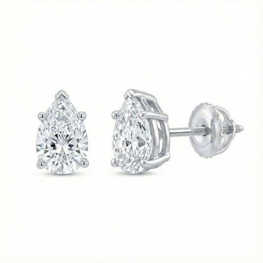 GEMHUB 3 Ct Pear Lab Created Diamond Earrings in 14K White Gold with screw backs. IGI certified.