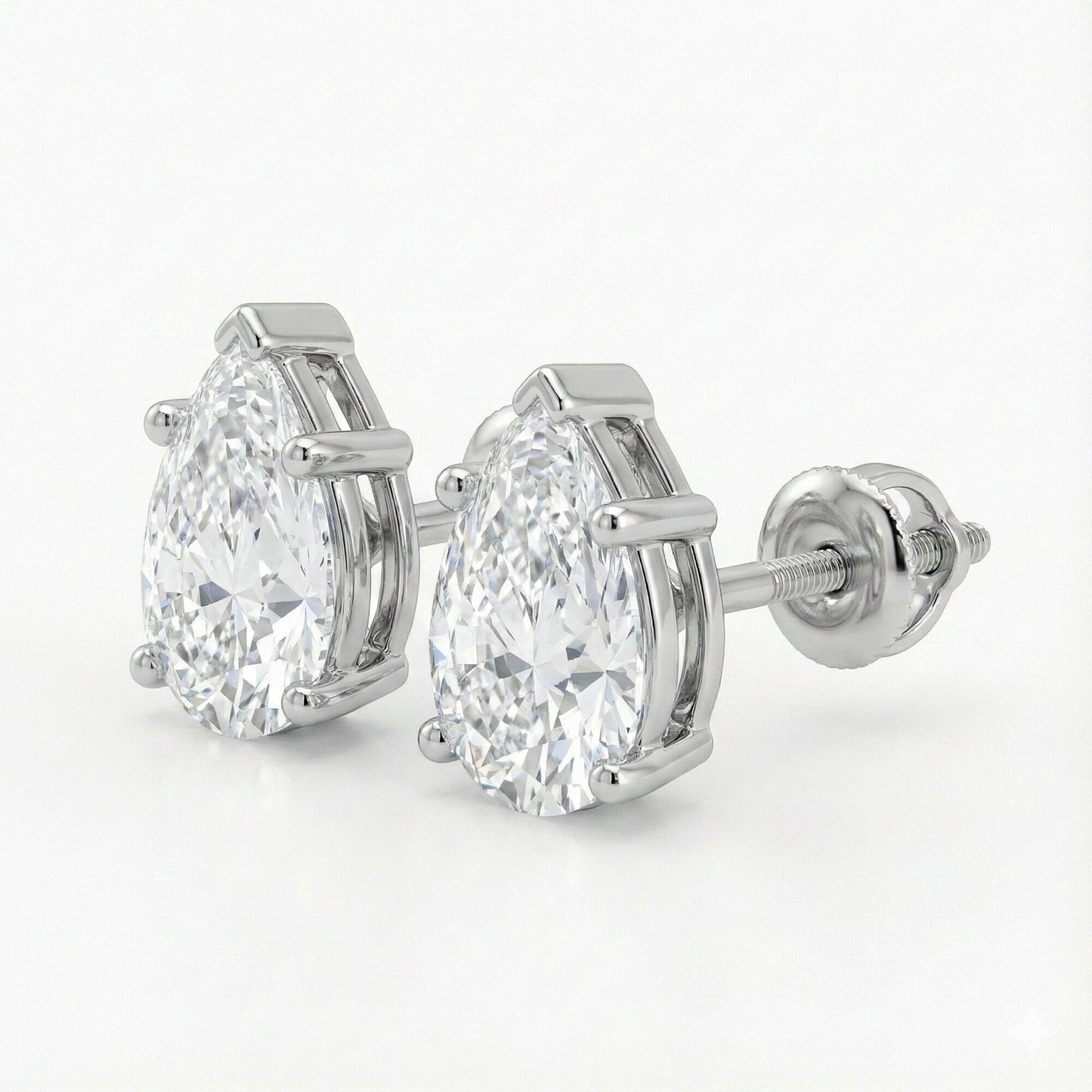 GEMHUB 14K white gold pear lab-created diamond stud earrings, 3 Ct F/VS, screw back closure.