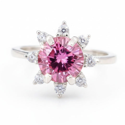 GEMHUB 2.5ct round pink moissanite solitaire ring with small accent stones, 18K gold plated over sterling silver.