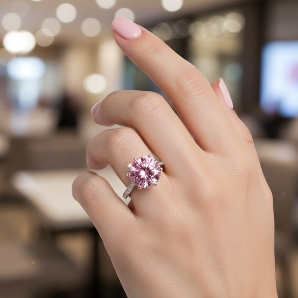 GEMHUB 2.55ct round pink moissanite solitaire ring with pavé band in 18K gold plated sterling silver.