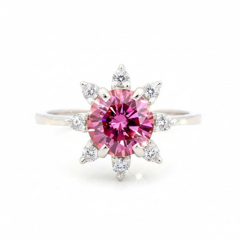 GEMHUB 2.5ct pink moissanite solitaire ring with surrounding white stones, 18K gold plated vermeil.
