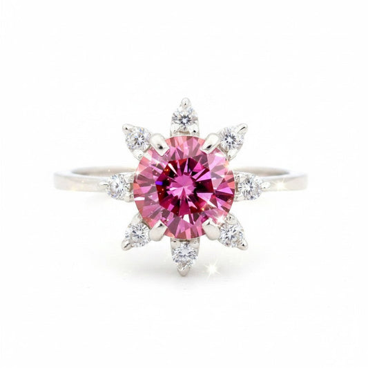 GEMHUB 2.5ct pink moissanite solitaire ring with surrounding white stones, 18K gold plated vermeil.
